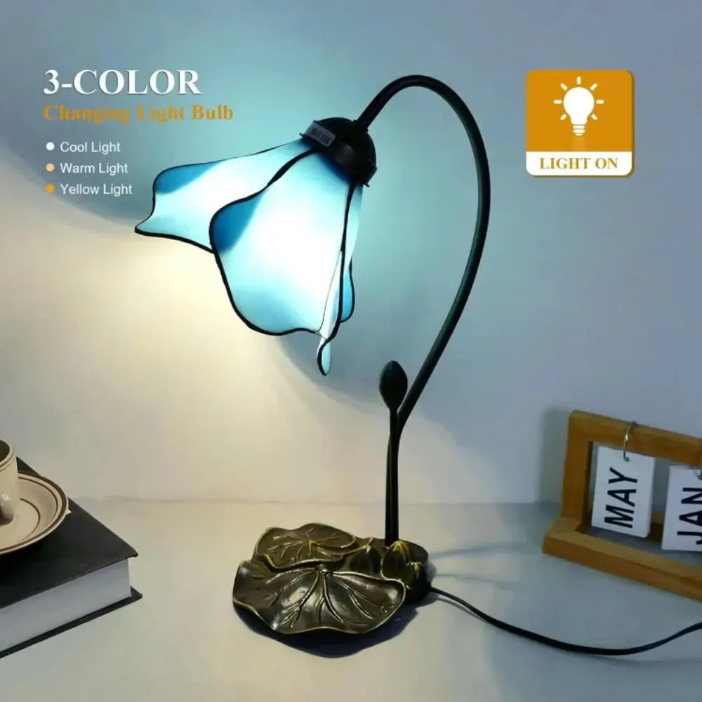 8inch 20cm Stained Glass Blue Lotus Lampshade Vintage Tiffany Table Lamp - CTL