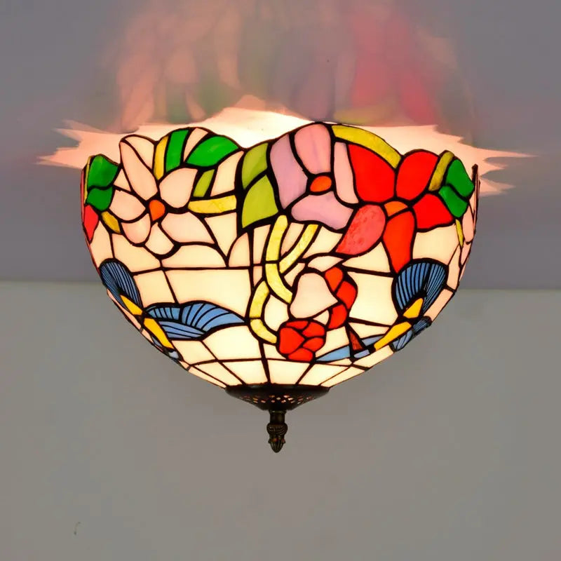 12inch Handmade Stained Glass Bird Floral Tiffany Lights Ceiling Lamp - CTL