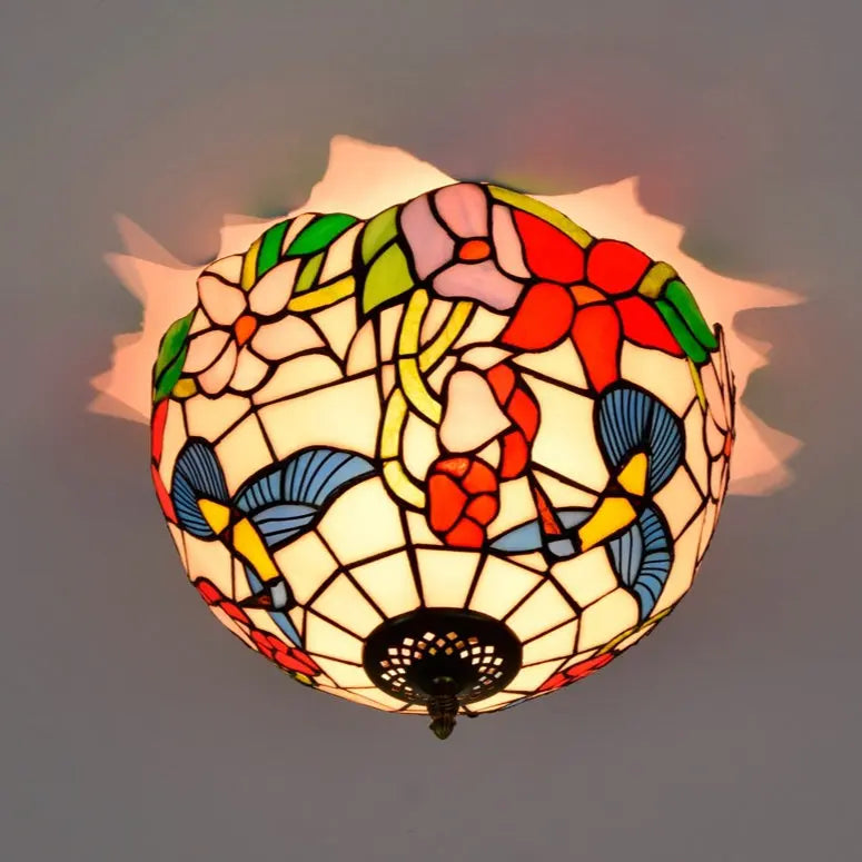 12inch Handmade Stained Glass Bird Floral Tiffany Lights Ceiling Lamp - CTL