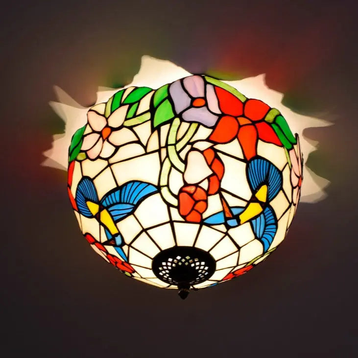 12inch Handmade Stained Glass Bird Floral Tiffany Lights Ceiling Lamp - CTL