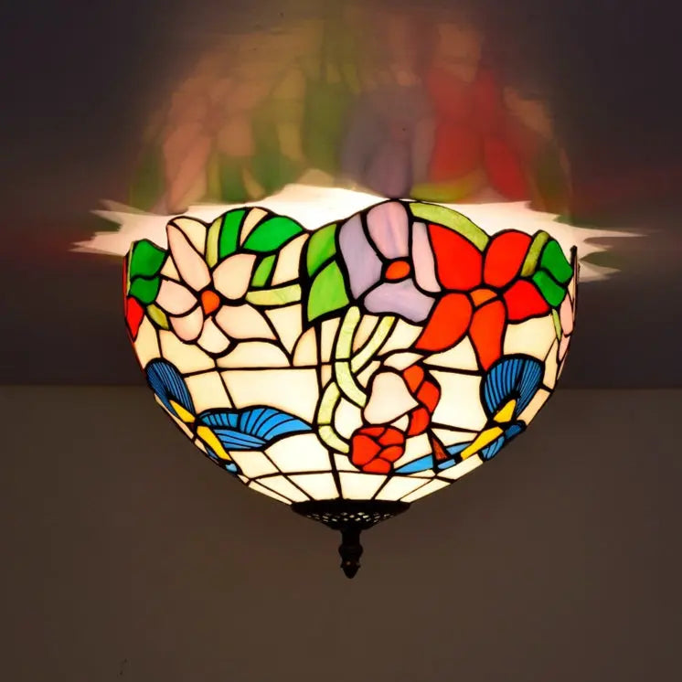 12inch Handmade Stained Glass Bird Floral Tiffany Lights Ceiling Lamp - CTL