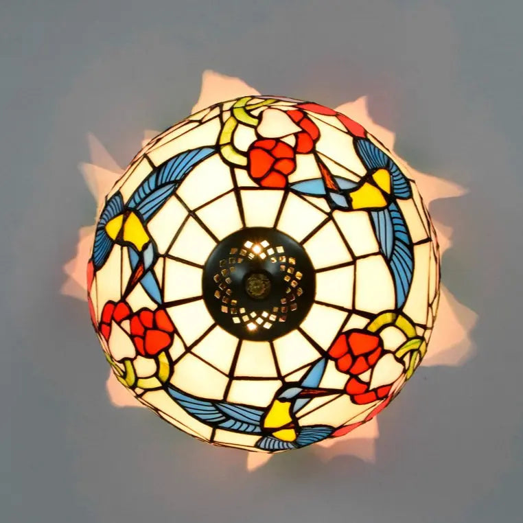 12inch Handmade Stained Glass Bird Floral Tiffany Lights Ceiling Lamp - CTL