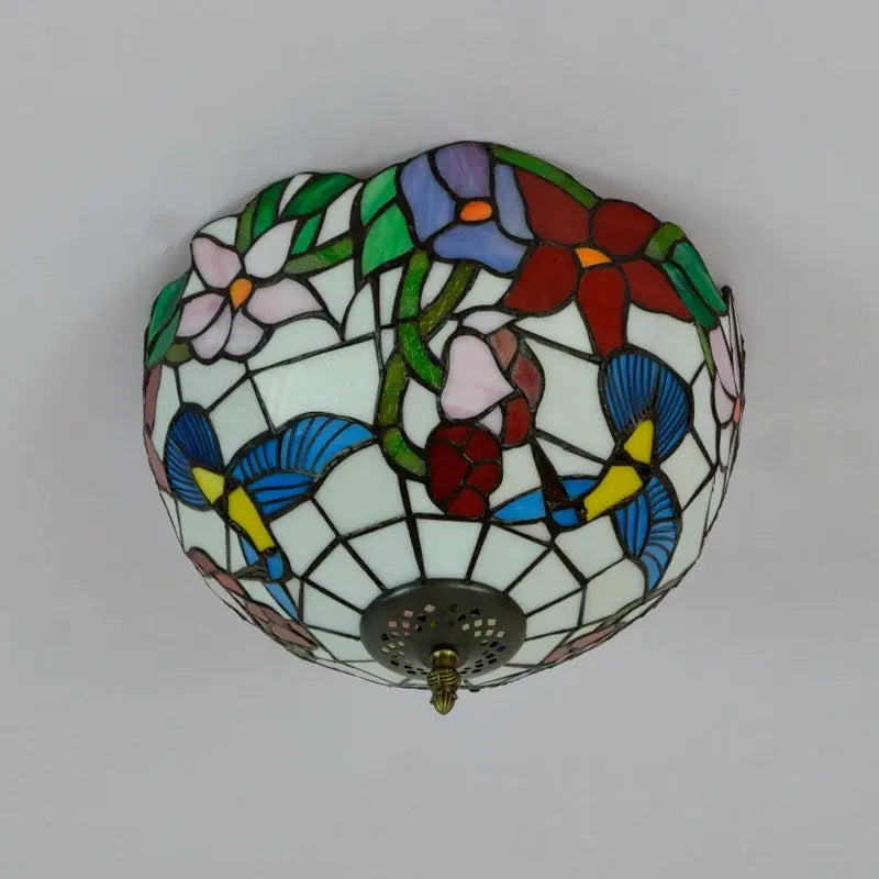 12inch Handmade Stained Glass Bird Floral Tiffany Lights Ceiling Lamp - CTL