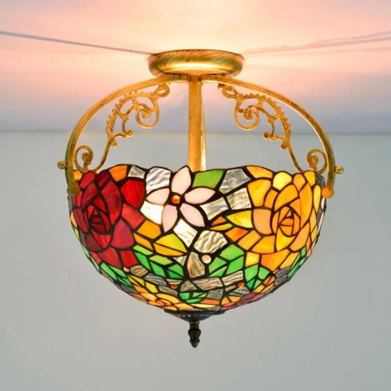 12inch Handmade Stained Glass Rose Lampshade Tiffany Lights Ceiling Lamp - CTL