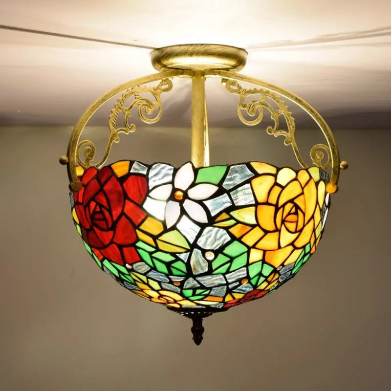 12inch Handmade Stained Glass Rose Lampshade Tiffany Lights Ceiling Lamp - CTL