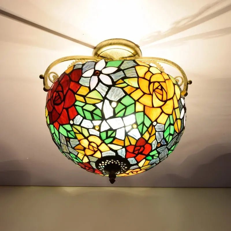 12inch Handmade Stained Glass Rose Lampshade Tiffany Lights Ceiling Lamp - CTL
