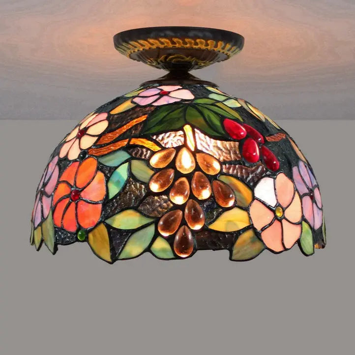 12inch Stained Glass Grape Flower Handmade Tiffany Lights Ceiling Lamp - CTL