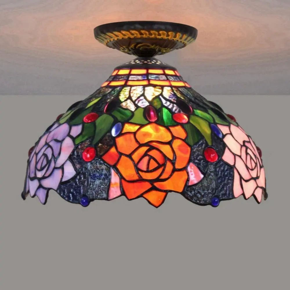 12inch Stained Glass Rose Flower Handmade Tiffany Lights Ceiling Lamp - CTL