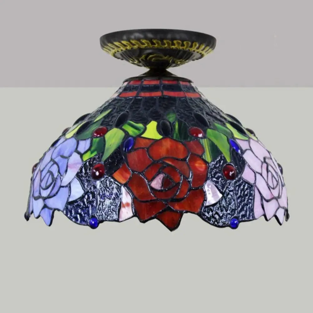 12inch Stained Glass Rose Flower Handmade Tiffany Lights Ceiling Lamp - CTL