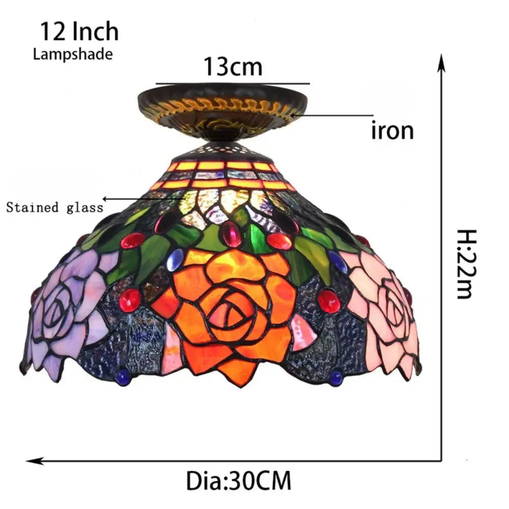 12inch Stained Glass Rose Flower Handmade Tiffany Lights Ceiling Lamp - CTL