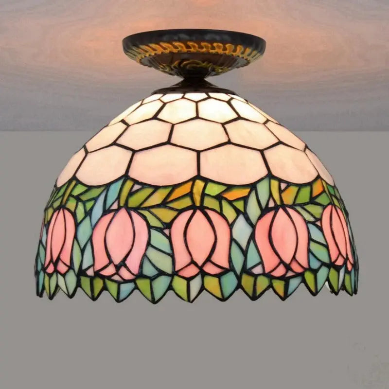 12inch Stained Glass Tuilp Flower Lampshade Tiffany Lights Ceiling Lamp - CTL