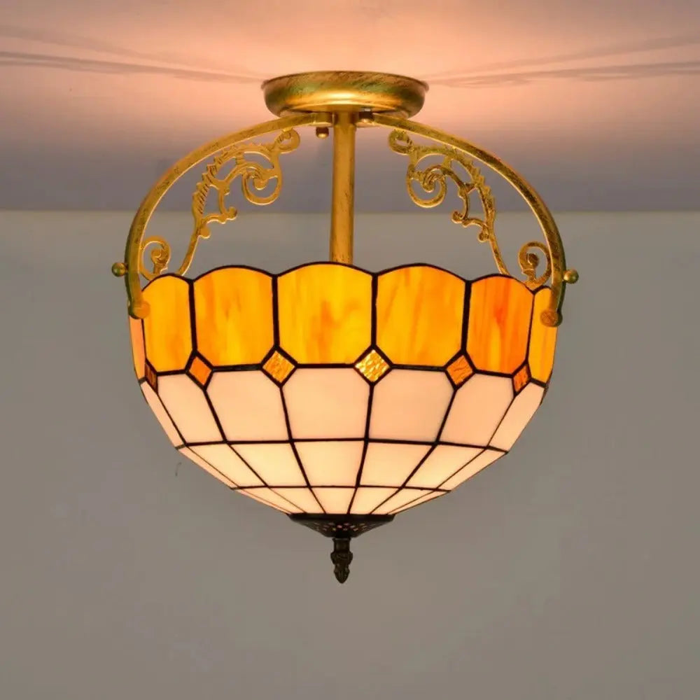 12inch Stained Glass Yellow Grid Tiffany Lights Ceiling Lamp - CTL