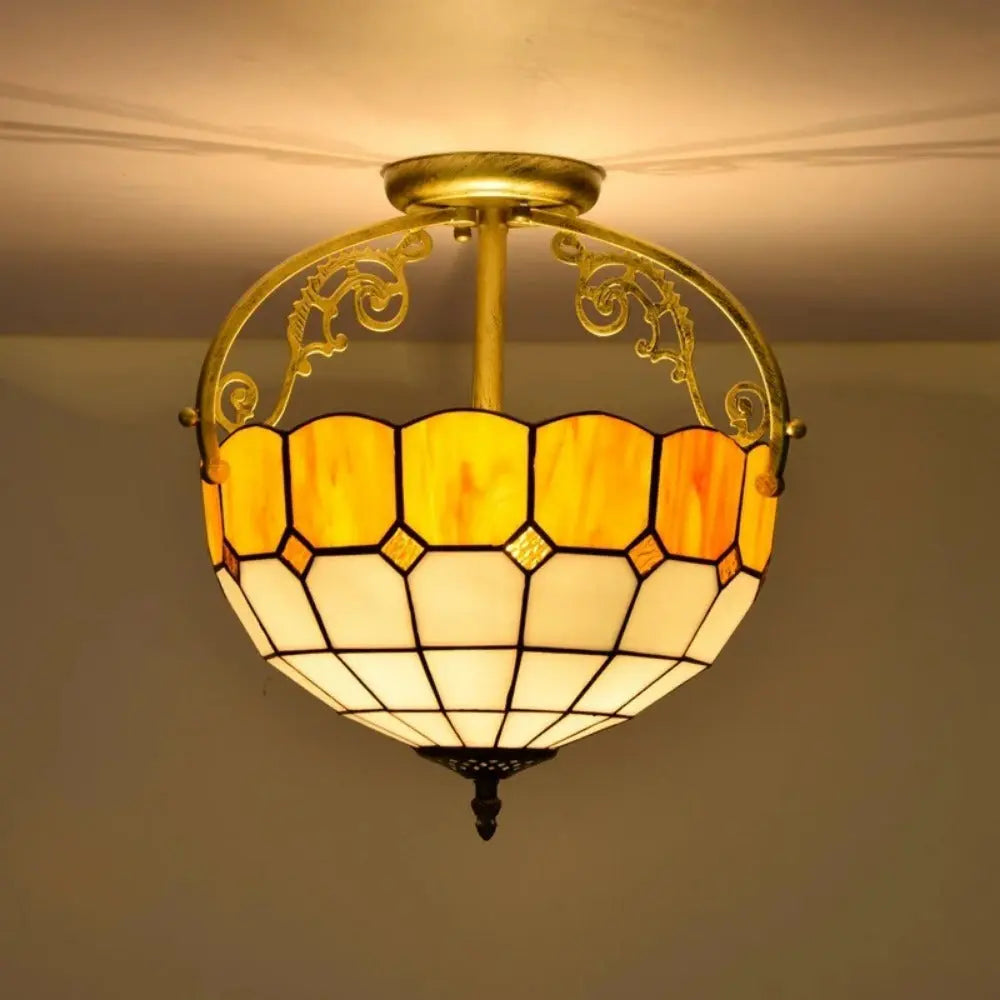 12inch Stained Glass Yellow Grid Tiffany Lights Ceiling Lamp - CTL