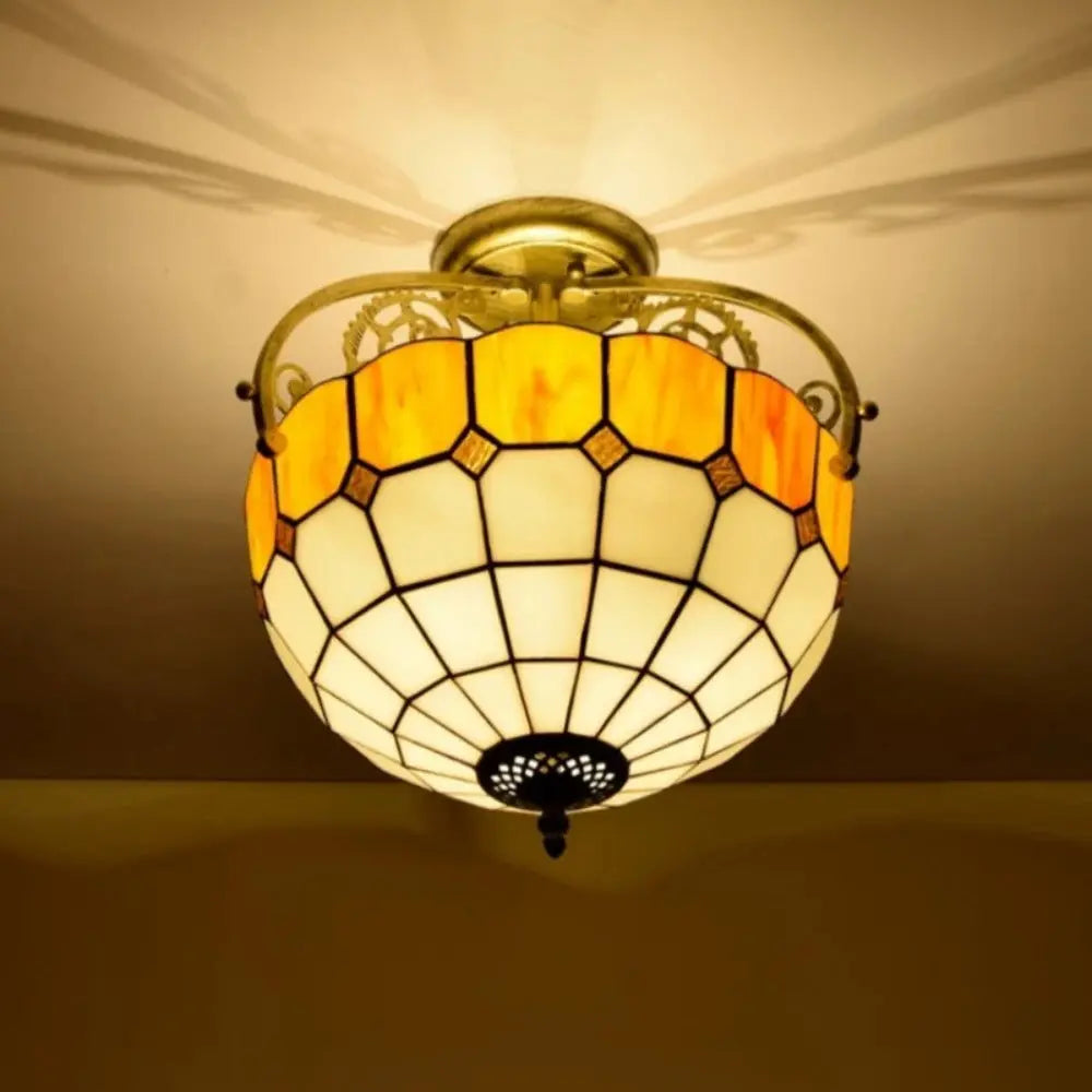 12inch Stained Glass Yellow Grid Tiffany Lights Ceiling Lamp - CTL