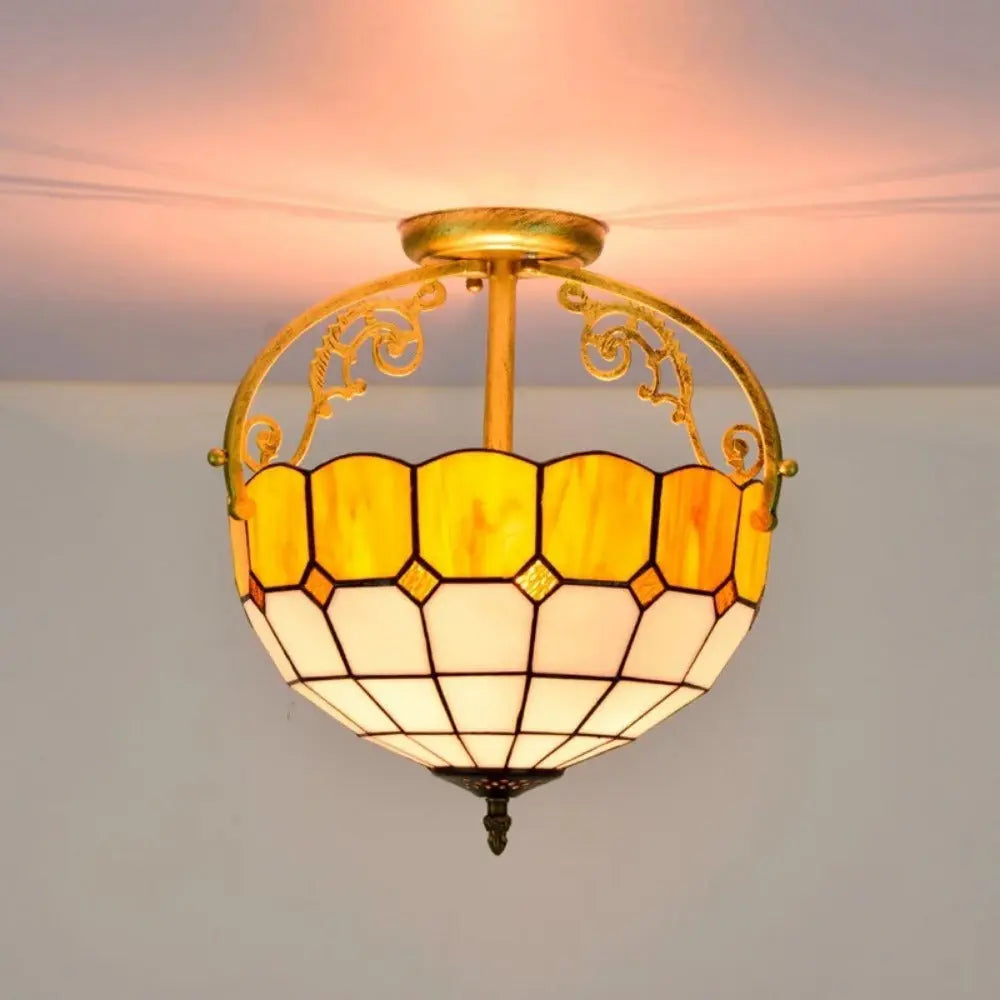 12inch Stained Glass Yellow Grid Tiffany Lights Ceiling Lamp - CTL