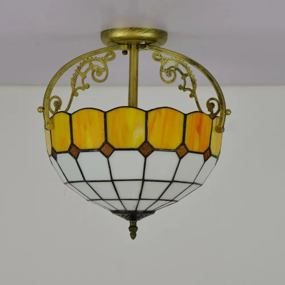 12inch Stained Glass Yellow Grid Tiffany Lights Ceiling Lamp - CTL