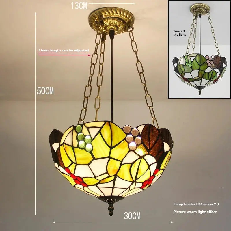 12inch Tiffany Lamp Chandelier Stained Glass Grape Floral Antique Pendant Light - CTL