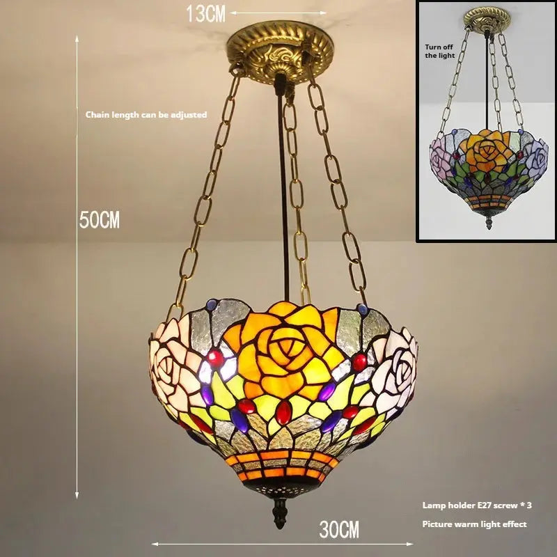 12inch 30cm Retro Stained Glass Pastoral Roses Floral Anti-chandelier Tiffany Pendant Light - CTL