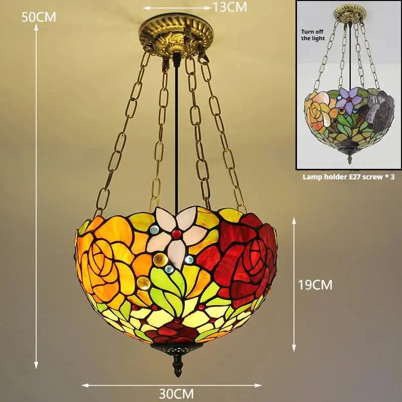 12inch Stained Glass Bicolor Rose Tiffany Chandelier Vintage Pendant Light - CTL