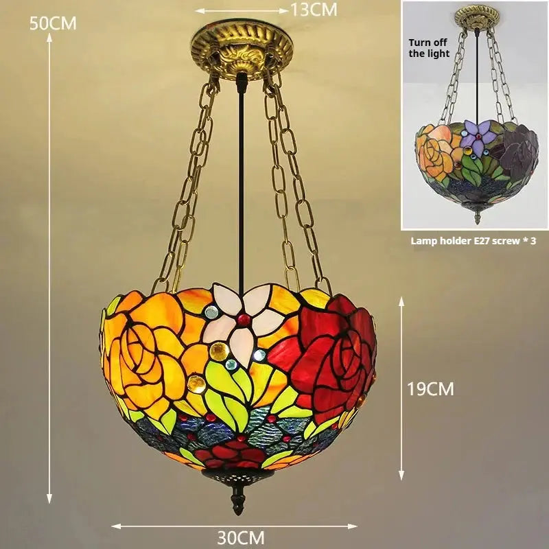 12inch 30cm Stained Glass Bicolor Rose Floral Lampshade Semi Flush Mount Wide Anti-chandelier - CTL