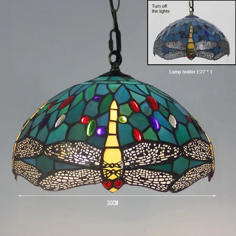 12inch Stained Glass Pendant Light Green Lampshade Tiffany Dragonfly Hanging Lamp - CTL