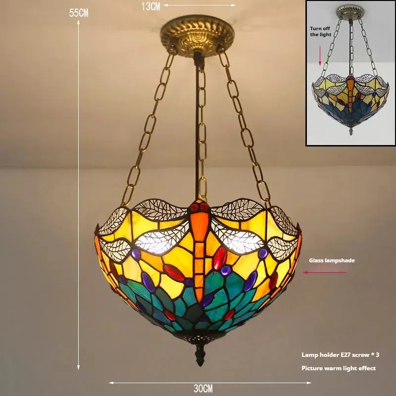 12inch 30cm Vintage Stained Glass Leaf Dragonfly Anti-chandelier Tiffany Pendant Light - CTL