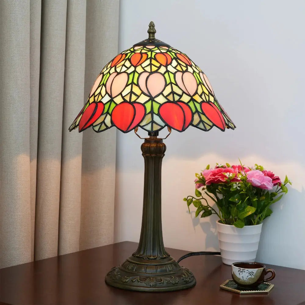 12inch Antique Peach Fruit Lampshade Tiffany Style Stained Glass Table Lamp - CTL