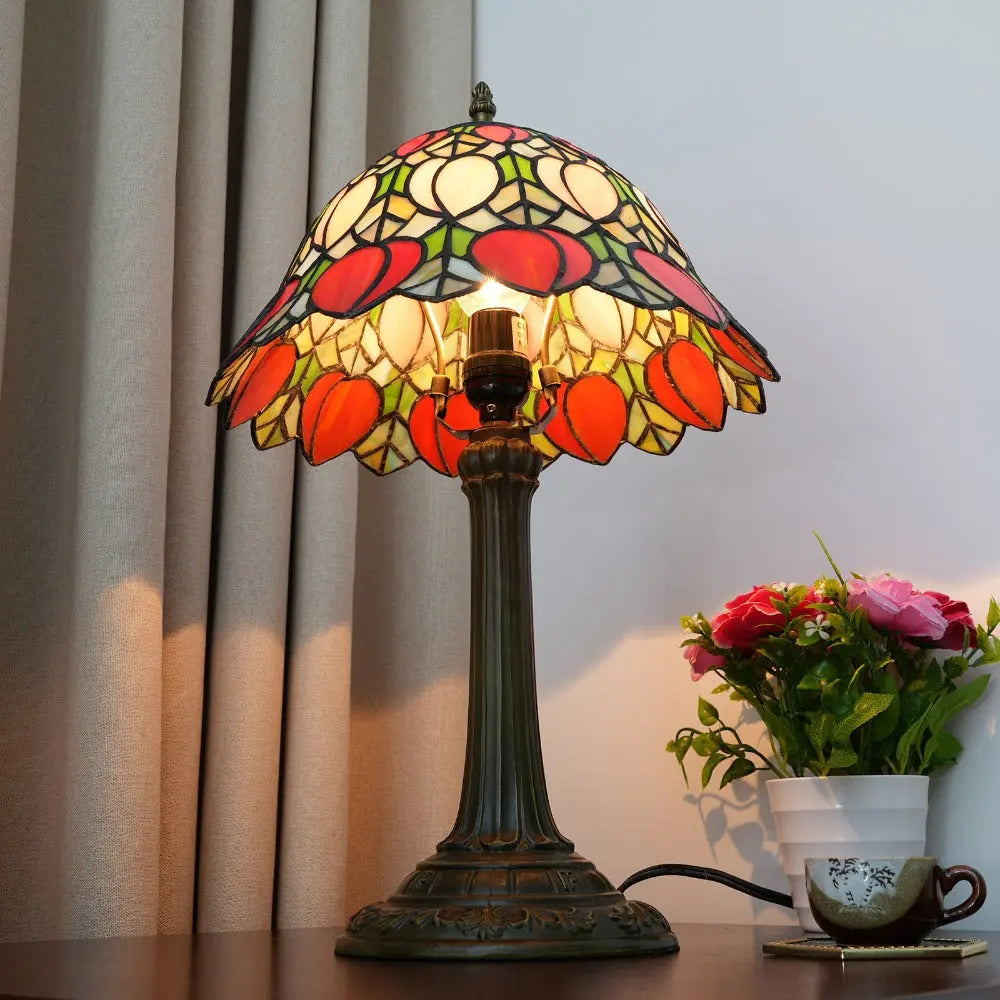 12inch Antique Peach Fruit Lampshade Tiffany Style Stained Glass Table Lamp - CTL