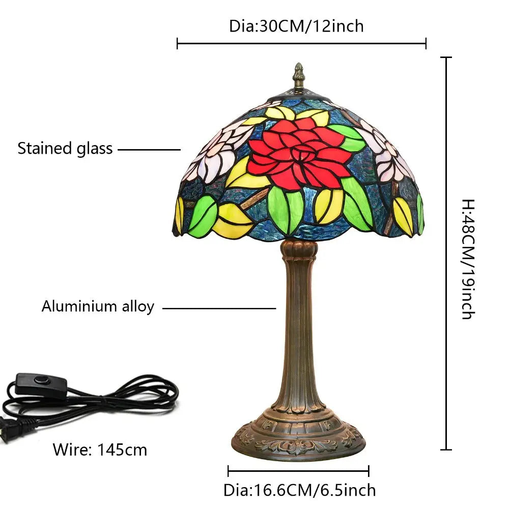 12inch Antique Stained Glass Big Red Roses Lampshade Vintage Tiffany Desk Lamp - CTL