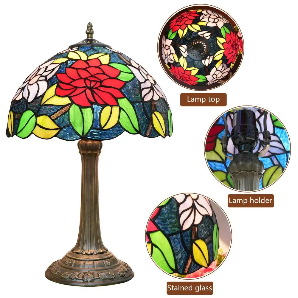 12inch Antique Stained Glass Big Red Roses Lampshade Vintage Tiffany Desk Lamp - CTL