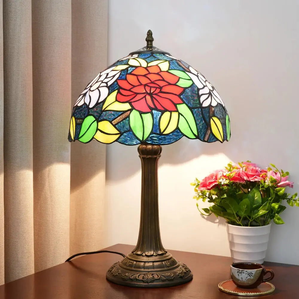 12inch Antique Stained Glass Big Red Roses Lampshade Vintage Tiffany Desk Lamp - CTL