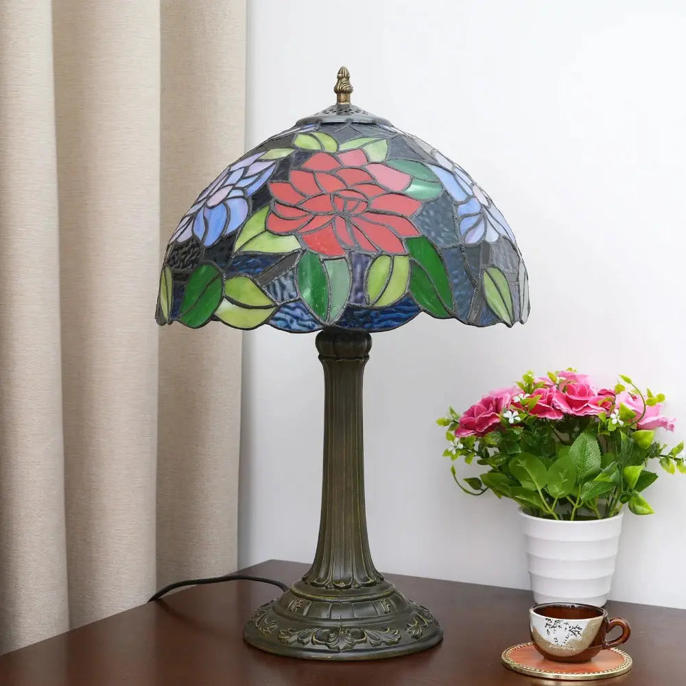 12inch Antique Stained Glass Big Red Roses Lampshade Vintage Tiffany Desk Lamp - CTL