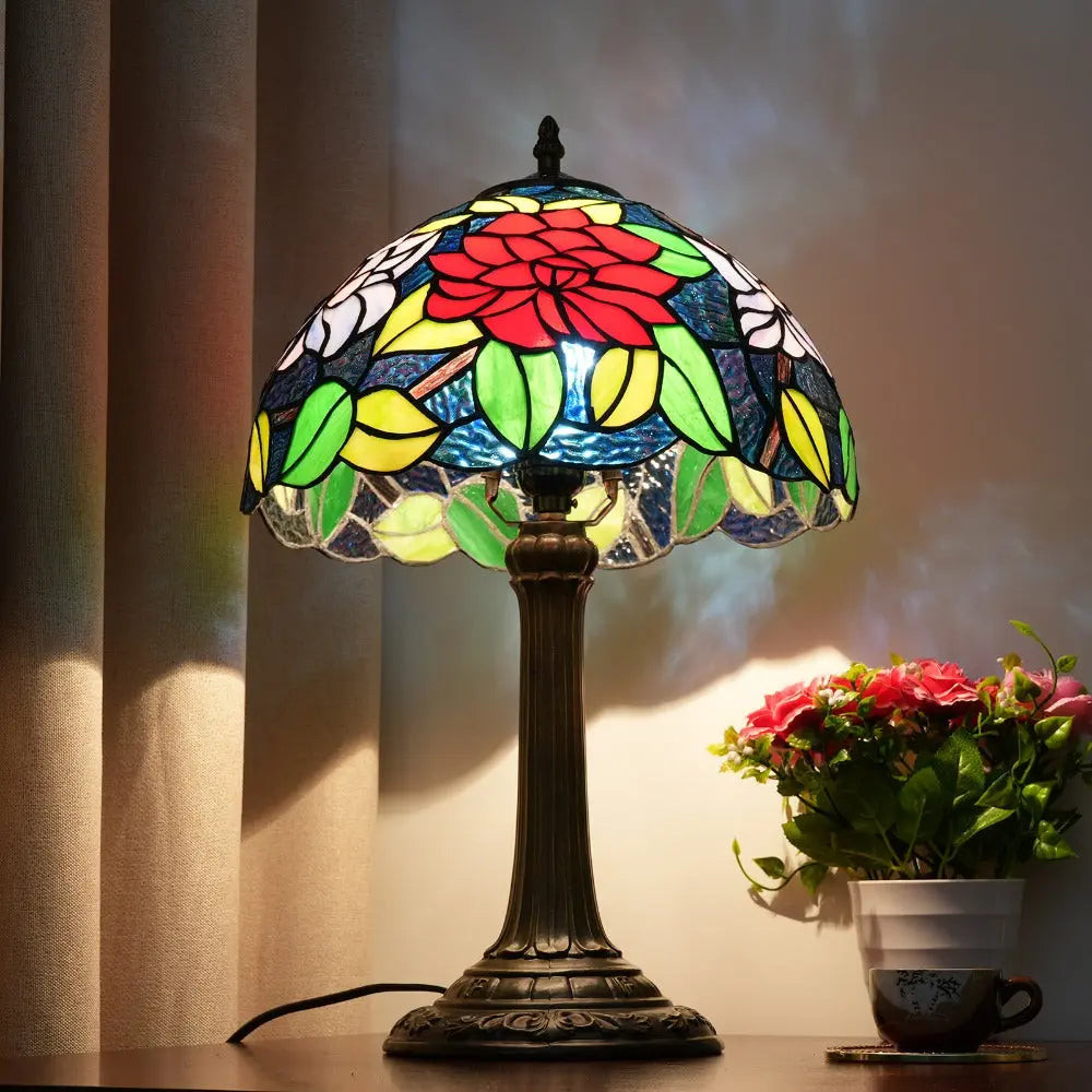 12inch Antique Stained Glass Big Red Roses Lampshade Vintage Tiffany Desk Lamp - CTL