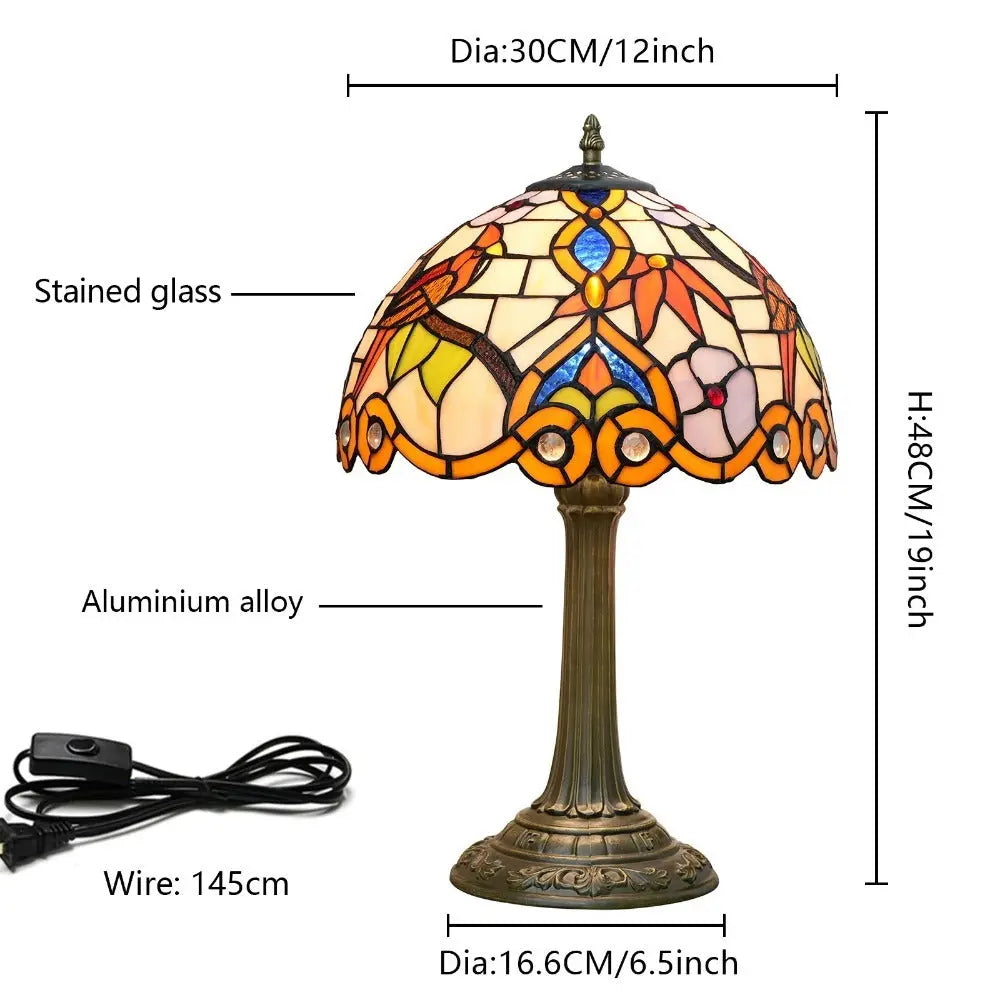 12inch Antique Stained Glass Bird Thrush Flower Floral Lampshade Tiffany Desk Lamp - CTL