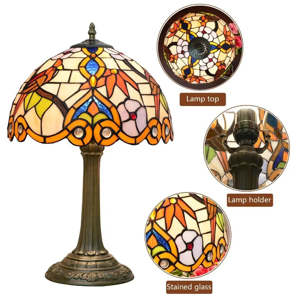 12inch Antique Stained Glass Bird Thrush Flower Floral Lampshade Tiffany Desk Lamp - CTL