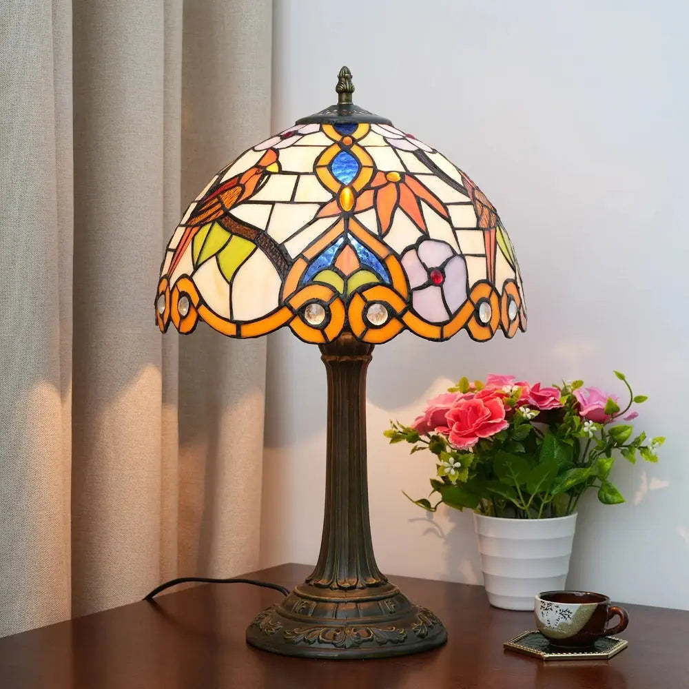 12inch Antique Stained Glass Bird Thrush Flower Floral Lampshade Tiffany Desk Lamp - CTL