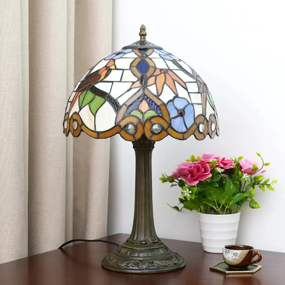 12inch Antique Stained Glass Bird Thrush Flower Floral Lampshade Tiffany Desk Lamp - CTL