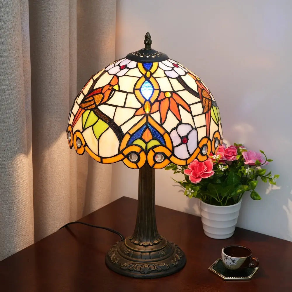 12inch Antique Stained Glass Bird Thrush Flower Floral Lampshade Tiffany Desk Lamp - CTL