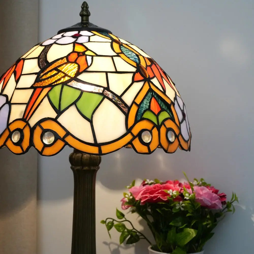 12inch Antique Stained Glass Bird Thrush Flower Floral Lampshade Tiffany Desk Lamp - CTL