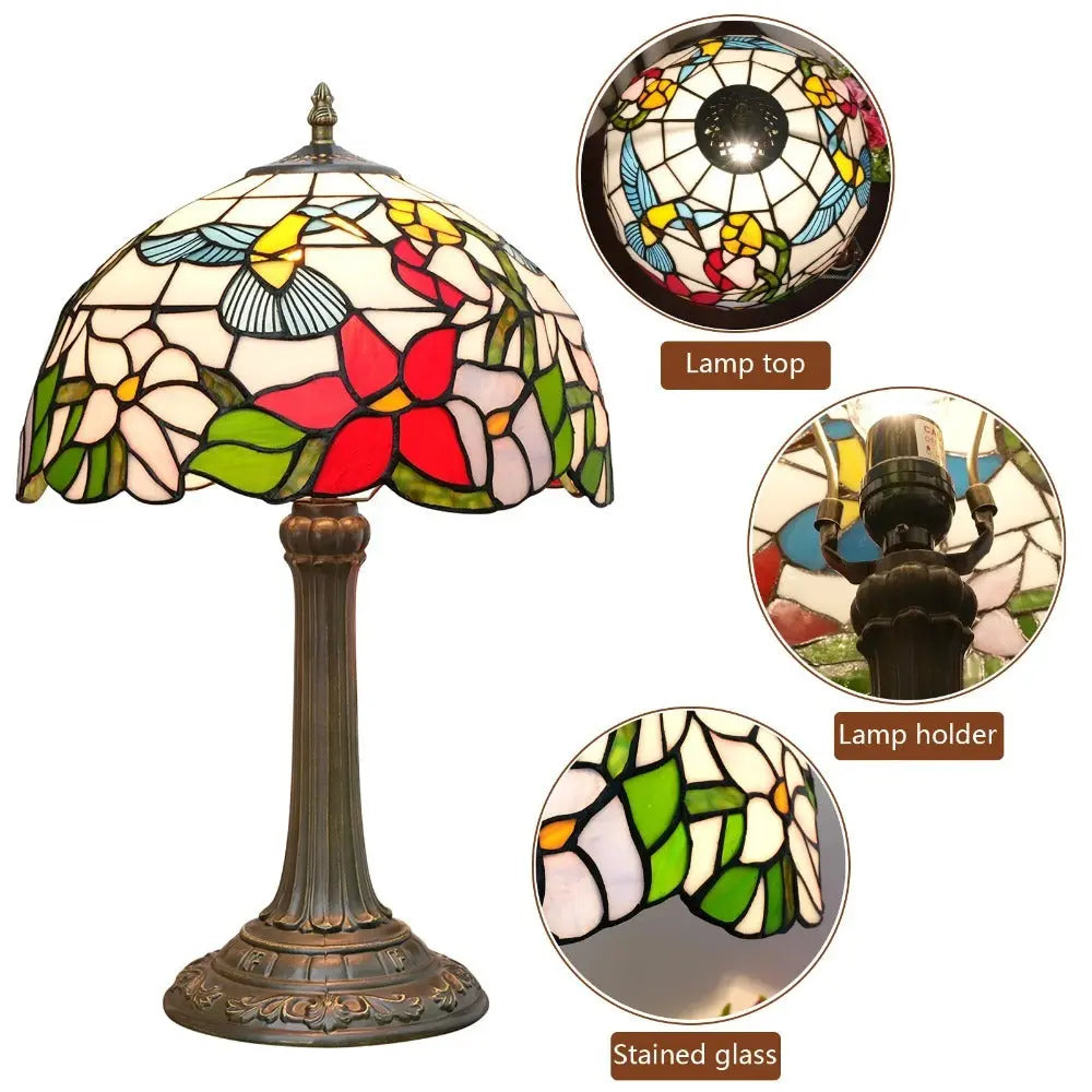 12inch Hummingbird Tiffany Lamp Stained Glass Floral Lampshade Vintage Desk Lamps - CTL