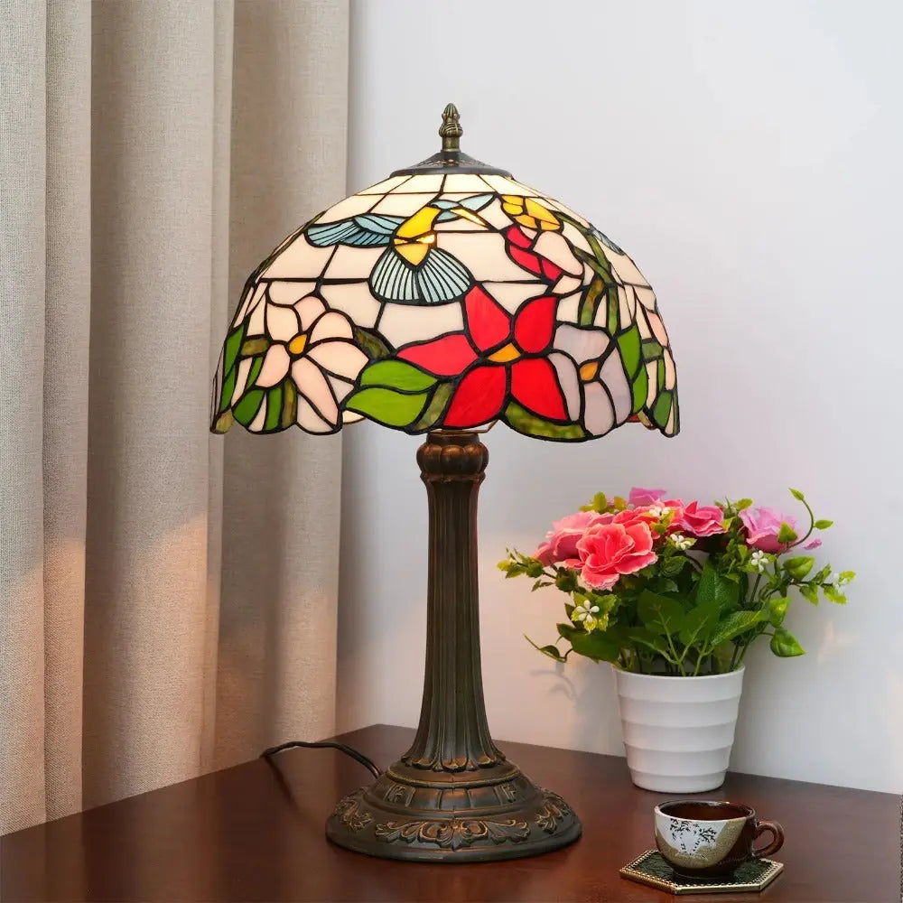 12inch Hummingbird Tiffany Lamp Stained Glass Floral Lampshade Vintage Desk Lamps - CTL