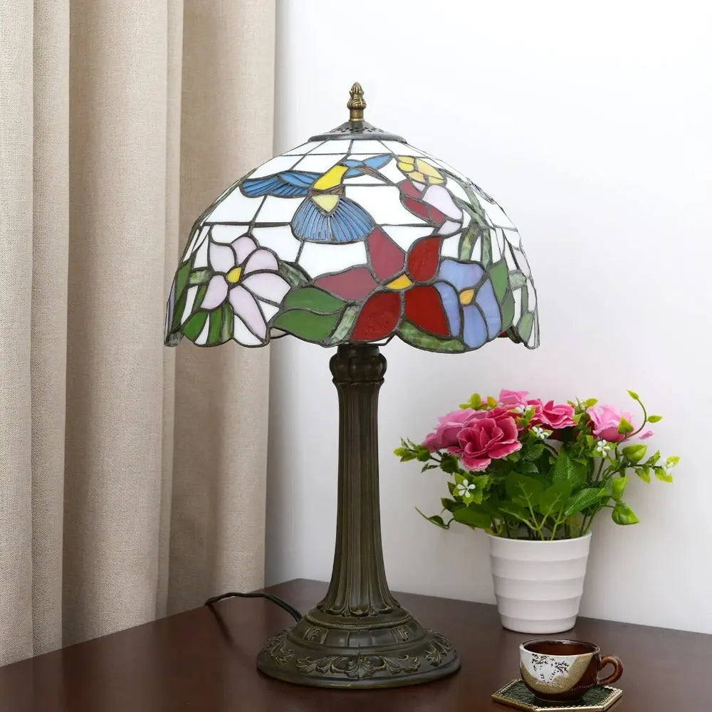 12inch Hummingbird Tiffany Lamp Stained Glass Floral Lampshade Vintage Desk Lamps - CTL