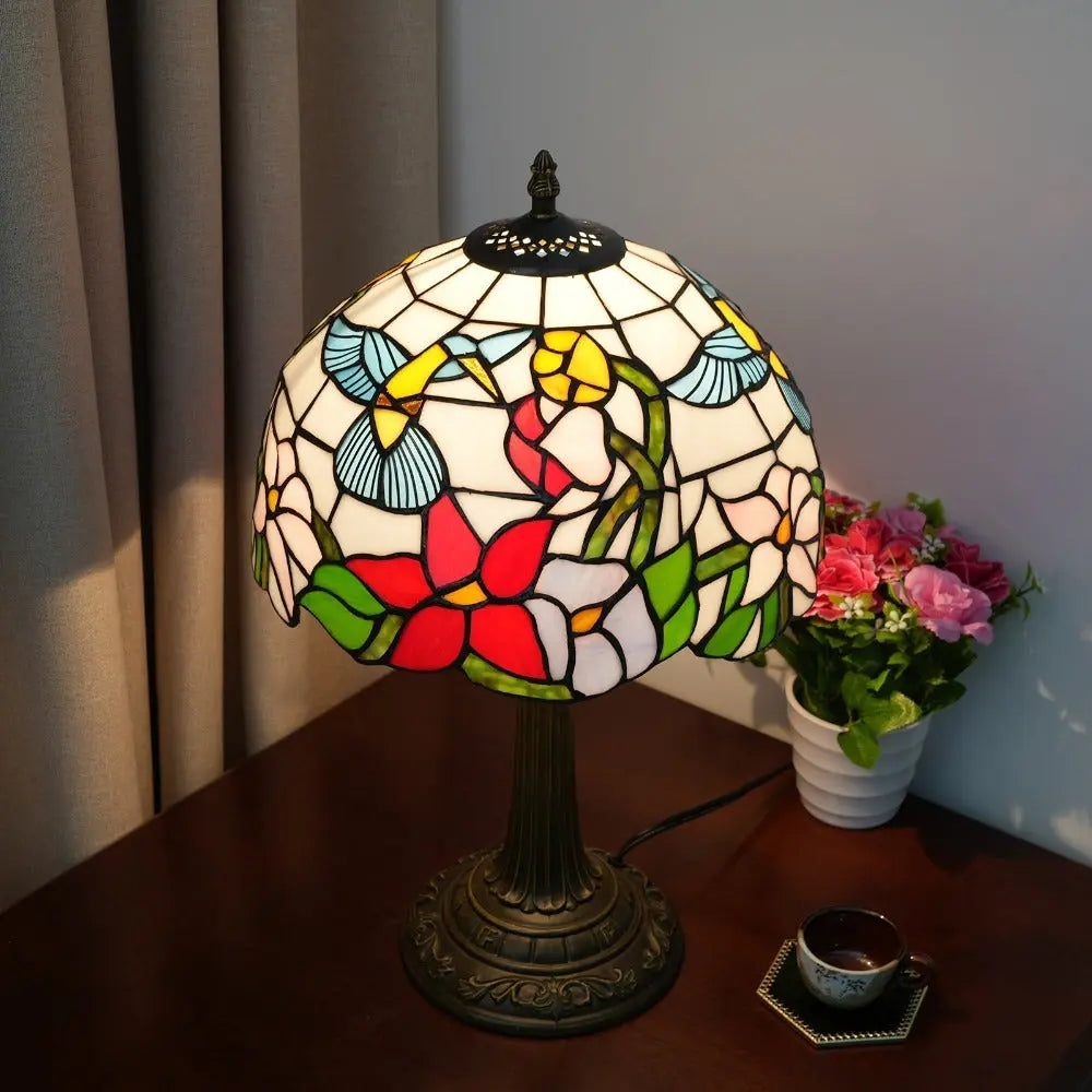 12inch Hummingbird Tiffany Lamp Stained Glass Floral Lampshade Vintage Desk Lamps - CTL