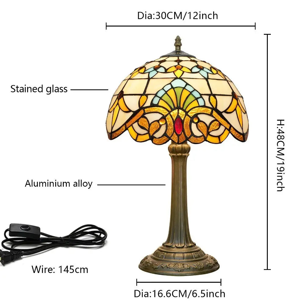 12inch Retro Stained Glass Baroque Lampshade Bedroom Bedside Desk Light Vintage Tiffany Table Lamp - CTL
