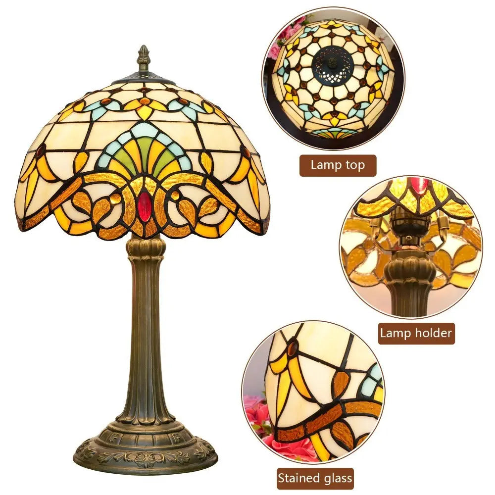 12inch Retro Stained Glass Baroque Lampshade Bedroom Bedside Desk Light Vintage Tiffany Table Lamp - CTL