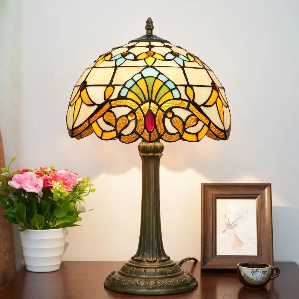 12inch Retro Stained Glass Baroque Lampshade Bedroom Bedside Desk Light Vintage Tiffany Table Lamp - CTL