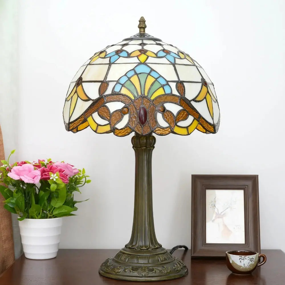 12inch Retro Stained Glass Baroque Lampshade Bedroom Bedside Desk Light Vintage Tiffany Table Lamp - CTL