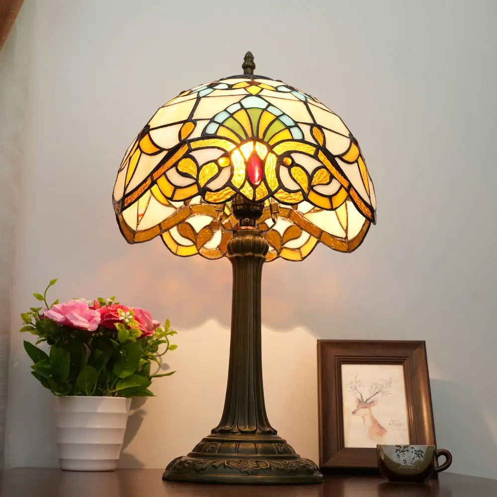 12inch Retro Stained Glass Baroque Lampshade Bedroom Bedside Desk Light Vintage Tiffany Table Lamp - CTL