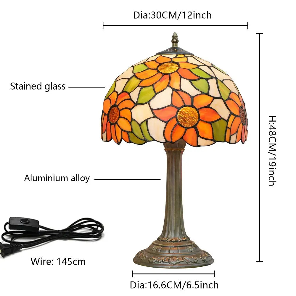 12inch Retro Stained Glass Sunflower Floral Lampshade Vintage Tiffany Desk Lamp - CTL