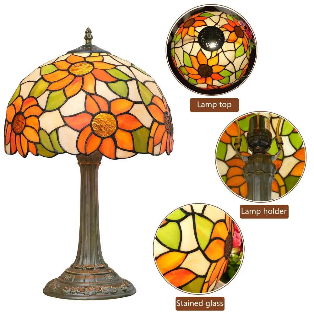 12inch Retro Stained Glass Sunflower Floral Lampshade Vintage Tiffany Desk Lamp - CTL